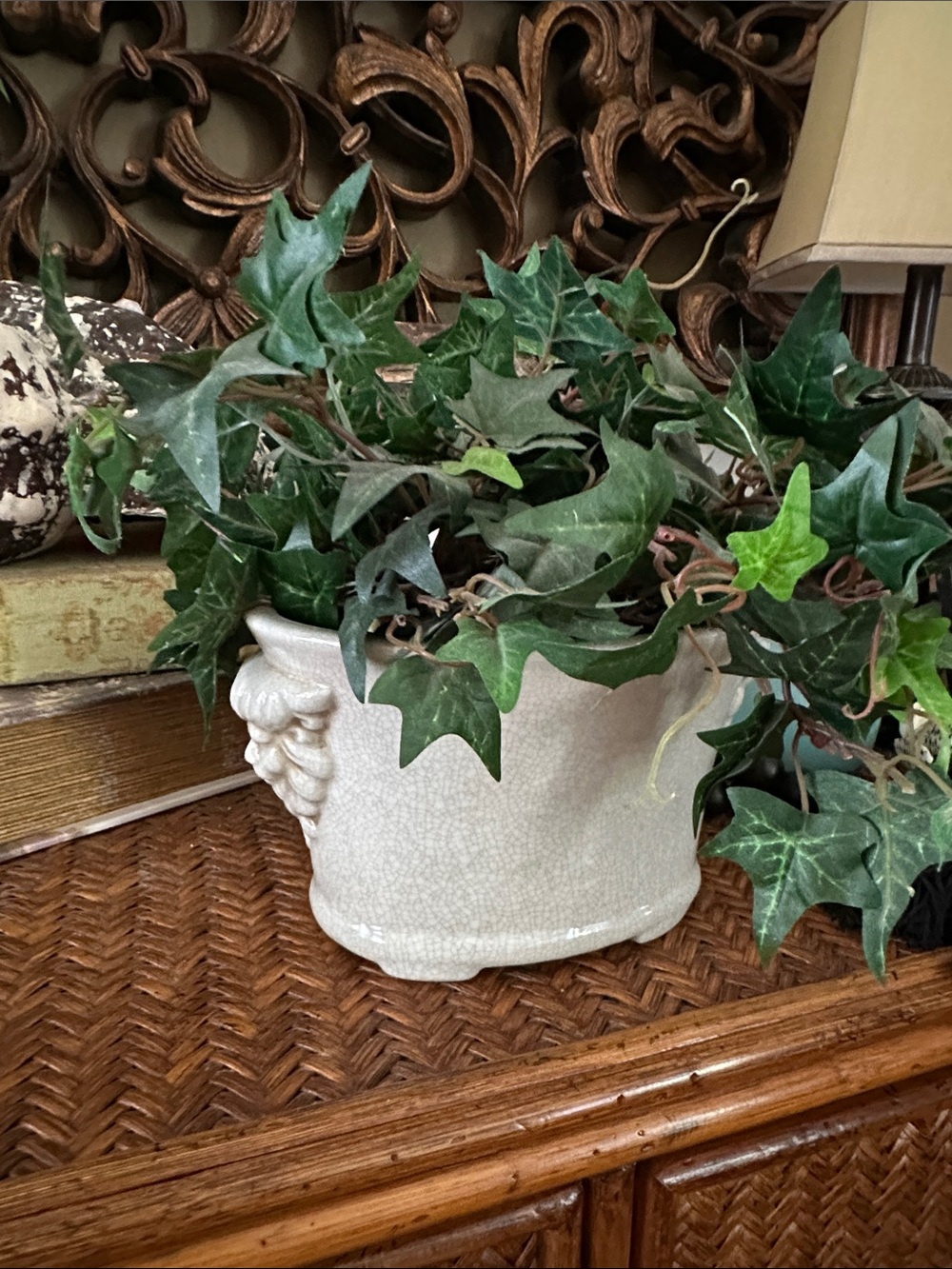 Ivory Ceramic Planter with Leafy Green Faux Ivy